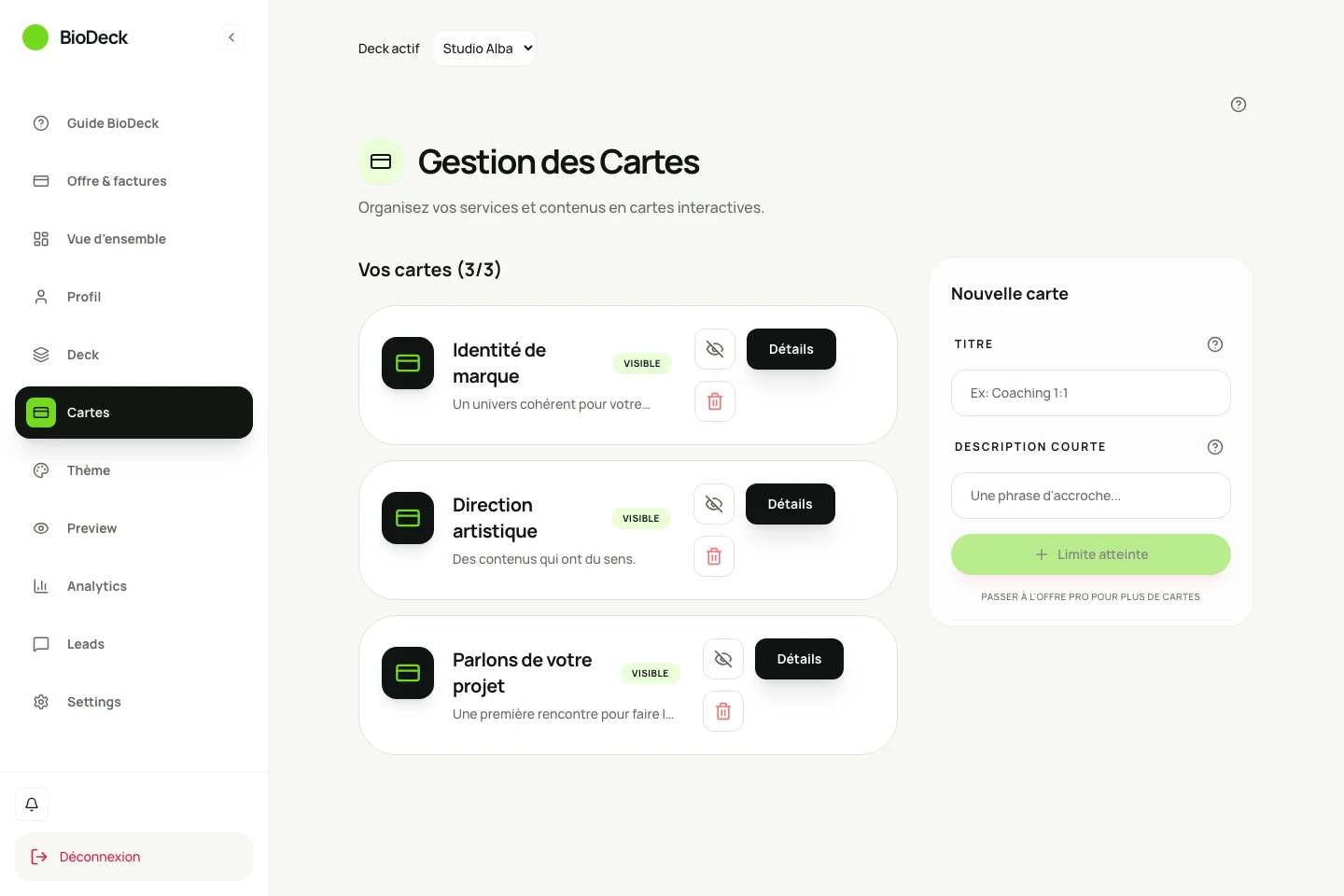 Écran Cartes de BioDeck : trois offres du Studio Alba, avec leurs commandes de modification.